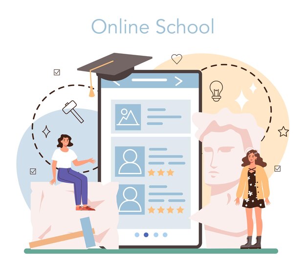 Serviço ou plataforma online de escultor profissional Criando escultura de madeira de mármore e argila Ceramista criativo Escola online Ilustração vetorial plana