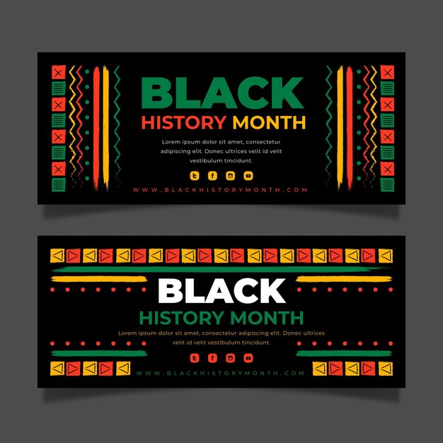 Set de banners horizontais planos e pretos desenhados à mão para o mês da história