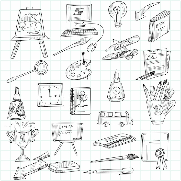 Vetor grátis set de ícones de esboços de desenho educacional