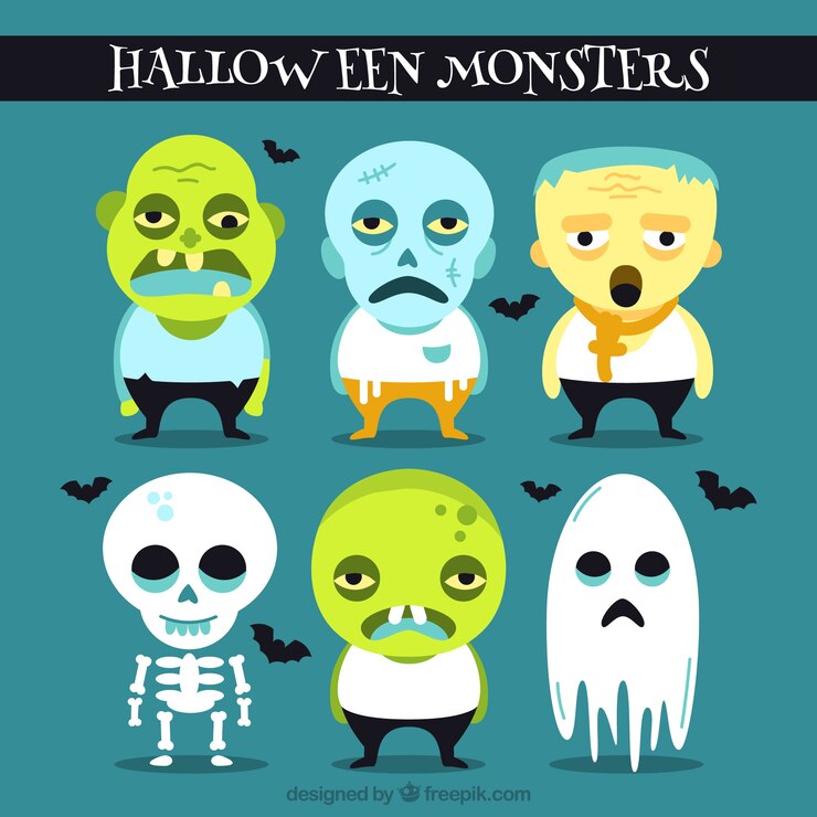 Vetor grátis set plana de monstros de halloween com detalhes azuis