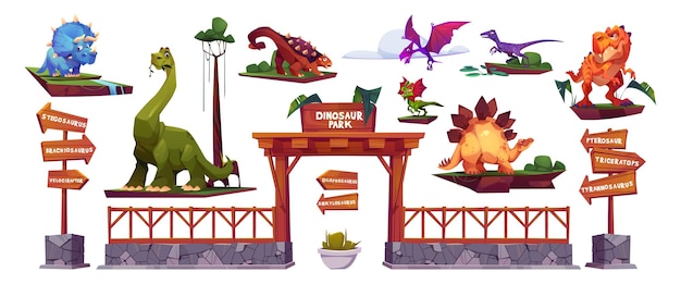 Vetor grátis setas e portões de personagens de desenhos animados do parque de dinossauros