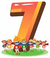 Vetor grátis sete crianças com desenho animado número sete