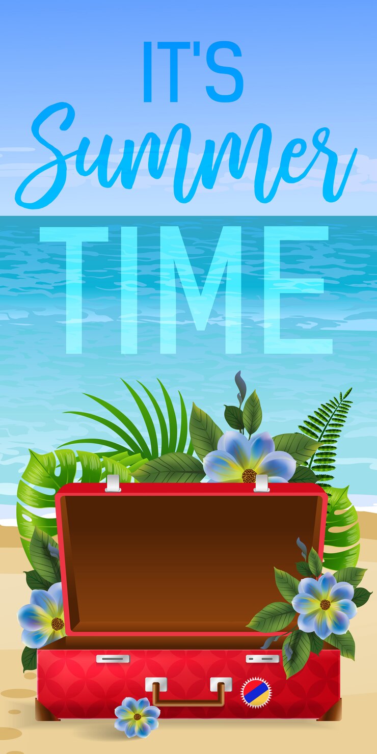 Vetor grátis seu horário de verão, banner com folhas tropicais, flores azuis, mala vazia vermelha