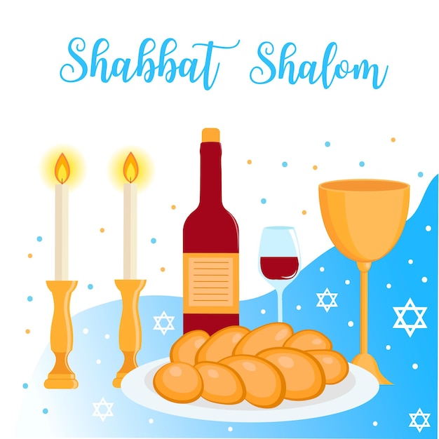 Shabbat shalom cartão de saudação símbolos judaicos definir conceito de judaísmo Vetor Premium