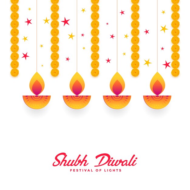 Shubh diwali diya e design de cartão de flor de calêndula