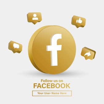 Siga-nos no logotipo 3d do facebook em moldura dourada moderna para logotipos de ícones de mídia social ou junte-se a nós no banner