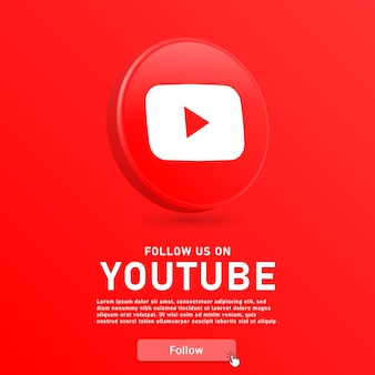 Siga-nos no logotipo 3d do youtube com botão da web e ícone do cursor do mouse para logotipos de ícones de mídia social