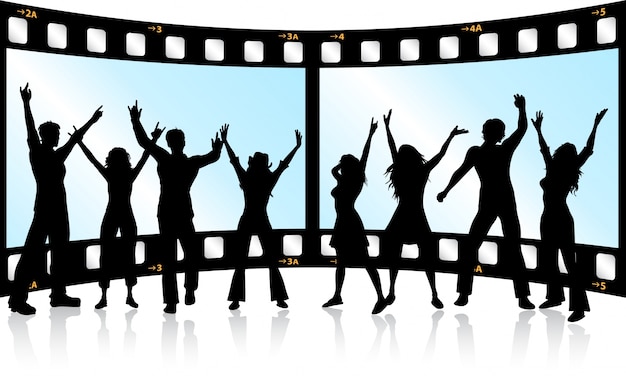 Vetor grátis silhouettes of people dancing on film strip background