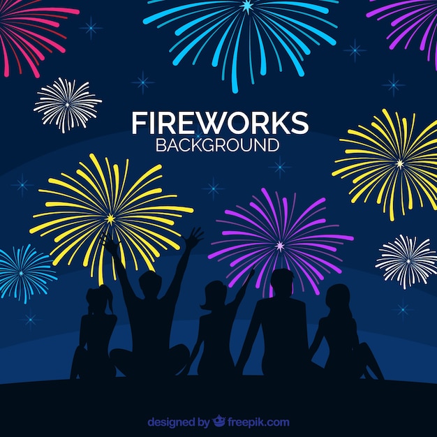 Vetor grátis silhouettes of people enjoying fireworks background