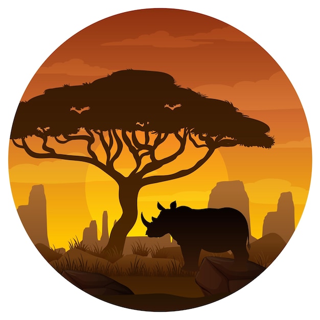 Vetor grátis silhueta animal rinoceronte na floresta de savana