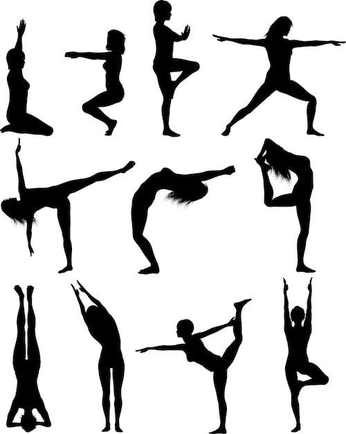 Vetor grátis silhueta de mulheres em várias poses de ioga