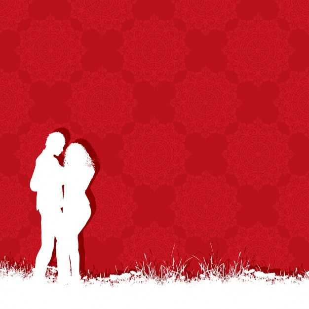 Vetor grátis silhueta de um par dia dos namorados em um fundo padrão vermelho