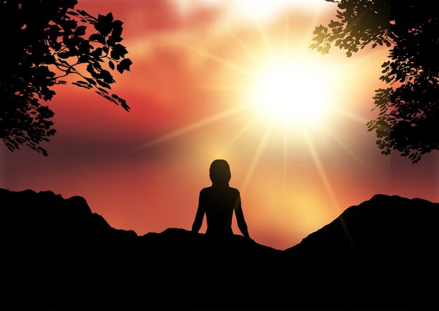 Silhueta de uma mulher sentada contra uma paisagem de céu pôr do sol