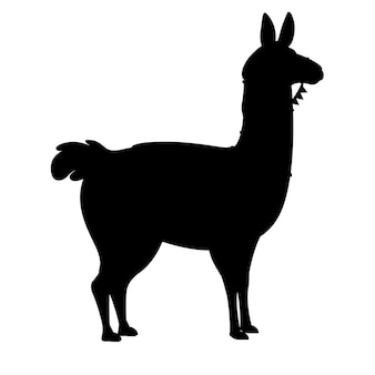 Silhueta negra de lhama cartoon animal design plana ilustração em vetor isolada na vista lateral de fundo branco.