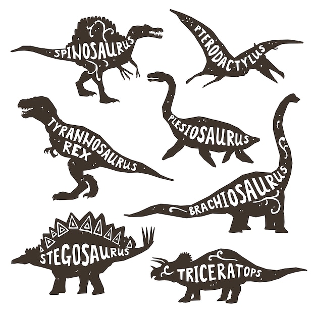 Silhuetas de dinossauros com letras