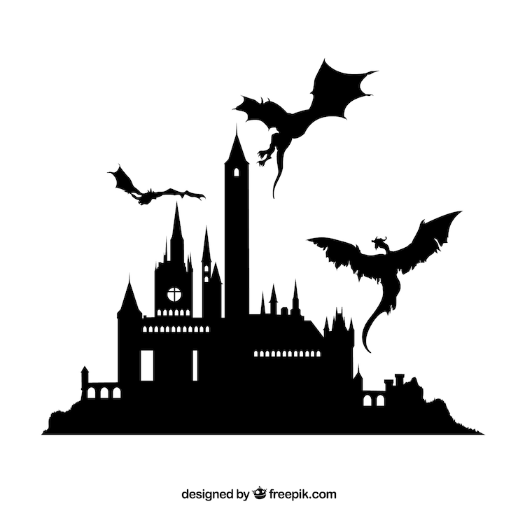 Vetor grátis silueta, de, castelo, e, voando, dragão