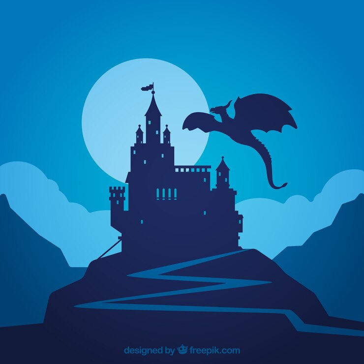 Vetor grátis silueta, de, castelo, e, voando, dragão
