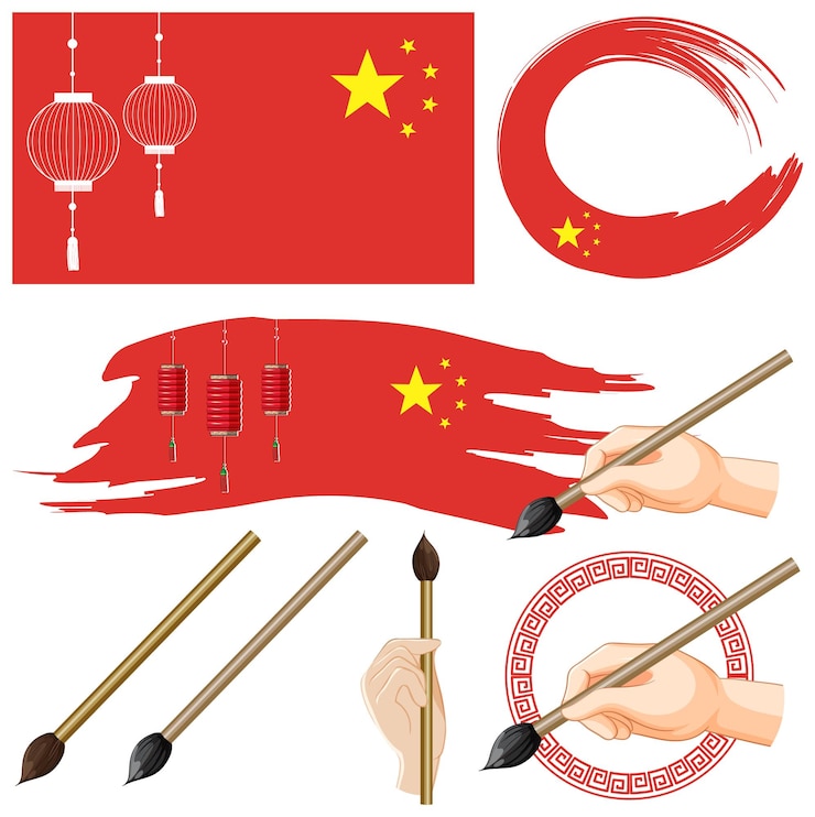 Vetor grátis símbolo da bandeira chinesa com conjunto de pincel de tinta