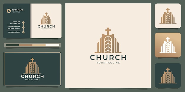 Símbolo da igreja cristã com design de logotipo de forma de construção e modelo de cartão de visita.