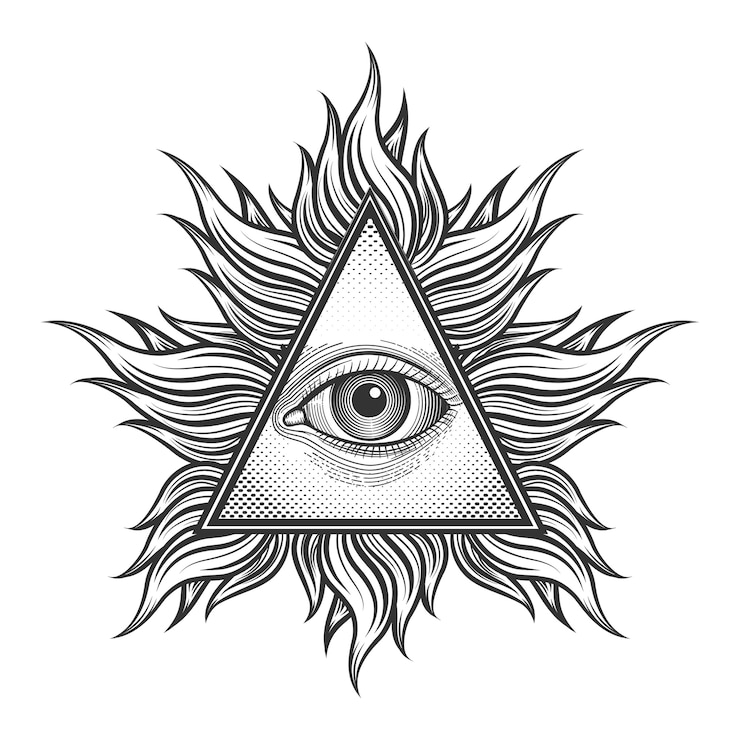 Vetor grátis símbolo da pirâmide do olho que tudo vê no estilo de tatuagem de gravura. maçom e espiritual, illuminati e religião, magia do triângulo,