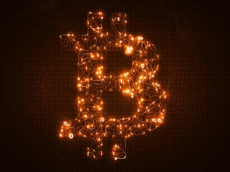Vetor grátis símbolo de bitcoin dourado de vetor construído com números binários fluidos