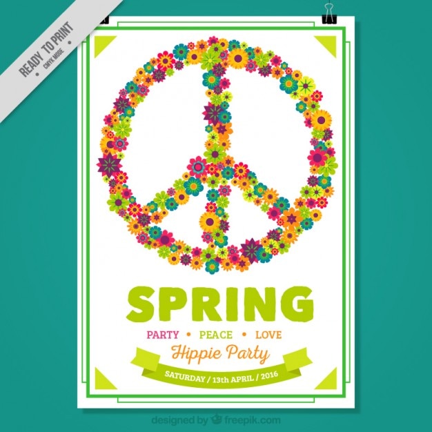 Vetor grátis símbolo hippy composta de flores da primavera poster do partido