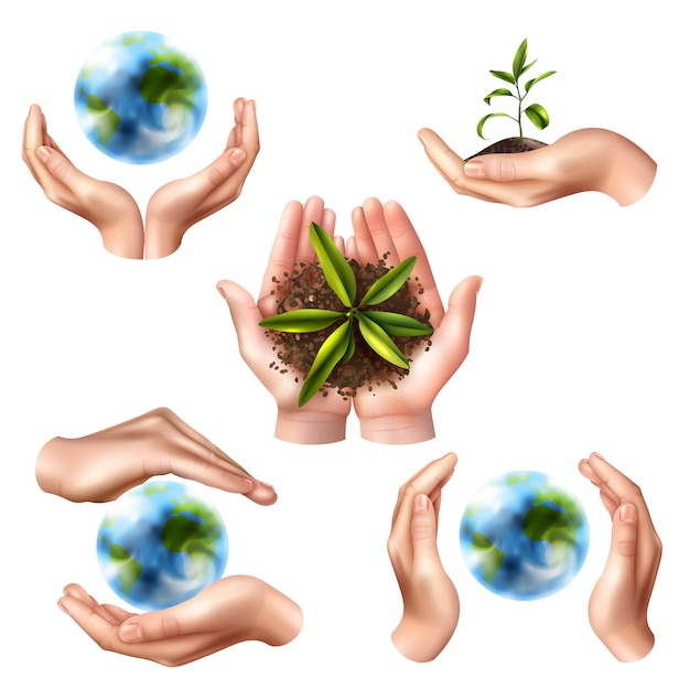 Símbolos de ecologia com mãos realistas