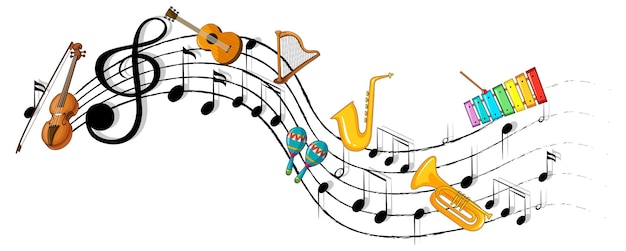 Símbolos de melodia musical com muitos personagens de desenhos animados de doodle para crianças