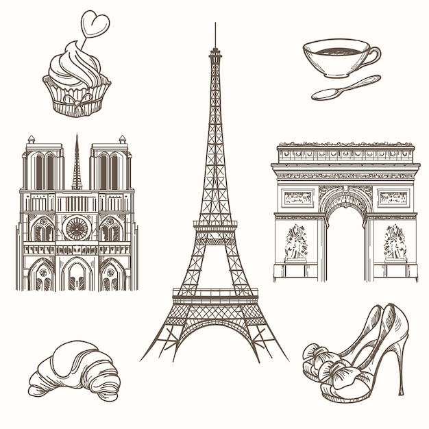 Símbolos de paris desenhados à mão. turismo francês e ícones da torre eiffel, notre dame e croissant. ilustração vetorial de sinais de paris desenhada à mão