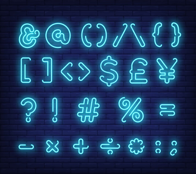 Vetor grátis símbolos de texto azul, sinal de néon