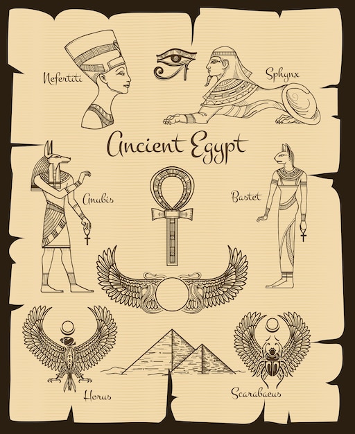 Vetor grátis símbolos do antigo egito. esfinge e nefertiti, horus e scarabaeus, religião tradicional, ilustração vetorial