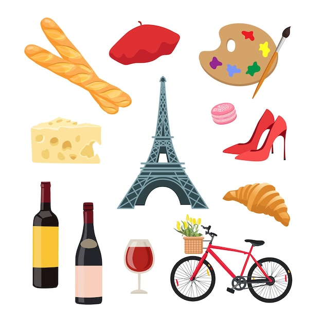 Símbolos do conjunto de ilustração dos desenhos animados de cultura francesa. torre eiffel, garrafas e copos de vinho, baguete e croissant, macaron, paleta com pincel. viagem a paris, marco, comida, conceito de frança