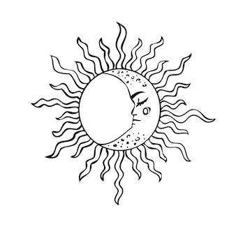 Símbolos esotéricos do sol e da lua com uma face de signos celestiais