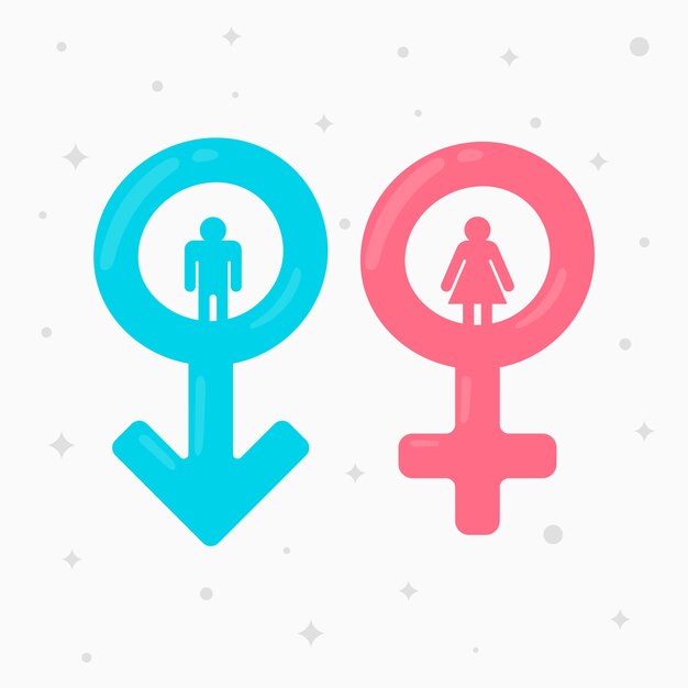 Símbolos femininos masculinos de design plano desenhados à mão