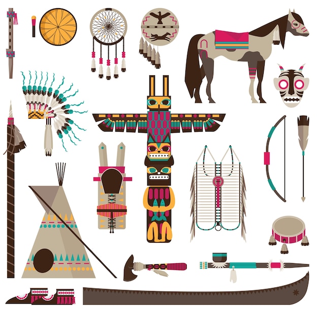 Vetor grátis símbolos índios americanos e ícones fiat de acessórios tribais isolados