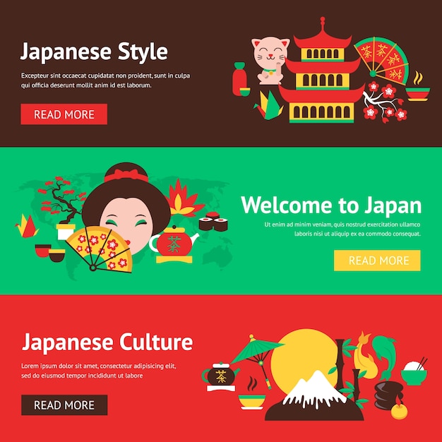 Símbolos japoneses, estilo e cultura, bandeira, conjunto, tradicional, alimento, viagem, ícones, vetorial, ilustração