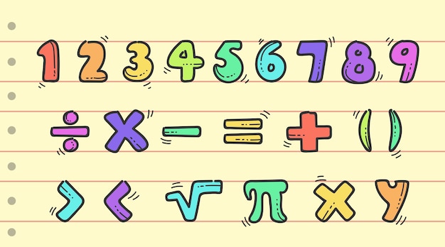 Símbolos matemáticos desenhados à mão e dígitos