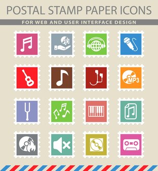 Símbolos musicais em ícones de papel de correio Vetor Premium