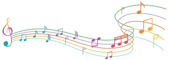 Símbolos musicais ondulam em fundo branco