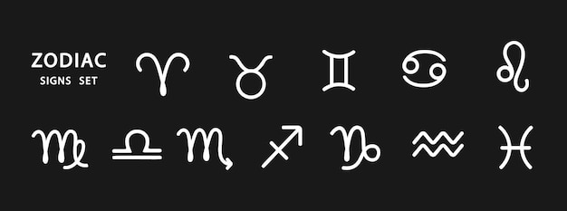 Sinais brancos do zodíaco definidos isolados em fundo escuro linha do zodíaco símbolos estilizados calendário astrológico coleção horóscopo constelação vetor ilustração