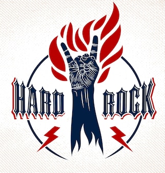 Sinal de mão do rock em chamas, música quente rock and roll gesto em chamas, concerto do festival hard rock ou clube, emblema ou logotipo da etiqueta do vetor, loja de instrumentos musicais ou estúdio de gravação.