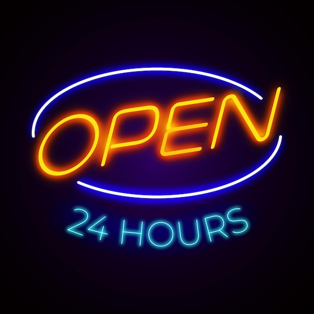 Sinal de néon colorido aberto 24 horas