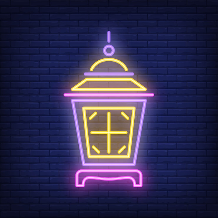 Vetor grátis sinal de néon da lâmpada iluminada. lanterna brilhante do jardim no fundo escuro da parede de tijolo.