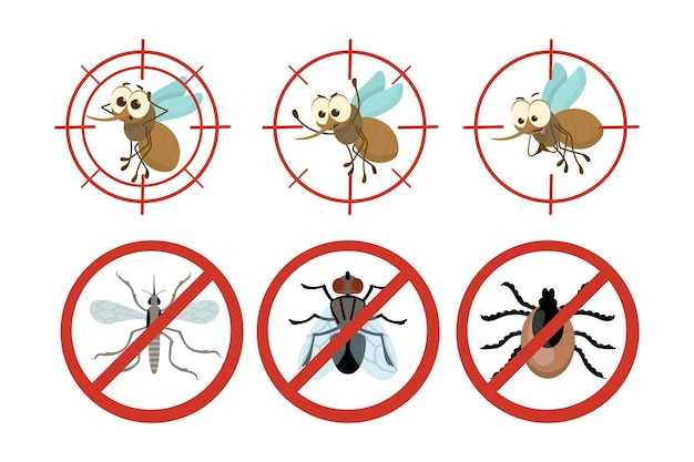 Vetor grátis sinal de proibição vermelho com conjunto de ilustração de desenhos animados de insetos. pare ou sinal anti-mosquito, carrapato, moscas, sinal de alerta de perigo sugadores de sangue, alvo de mosquito. malária, epidemia, conceito de contaminação