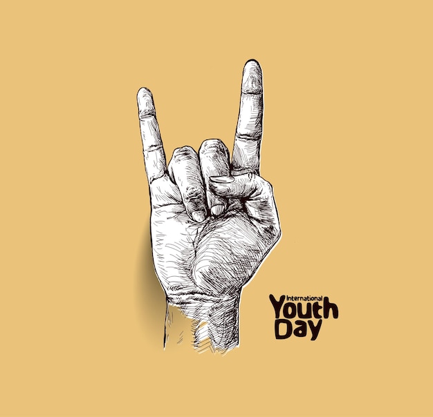 Vetor grátis sinal de rock and roll do dia internacional da juventude com ilustração de esboço de texto design
