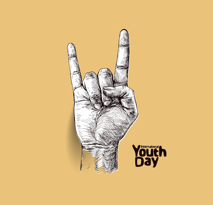Vetor grátis sinal de rock and roll do dia internacional da juventude com ilustração de esboço de texto design