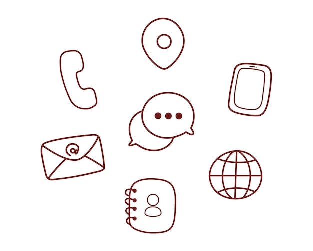 Sinal do ícone de contato ou conjunto de símbolos desenhado à mão ilustração da arte dos desenhos animados