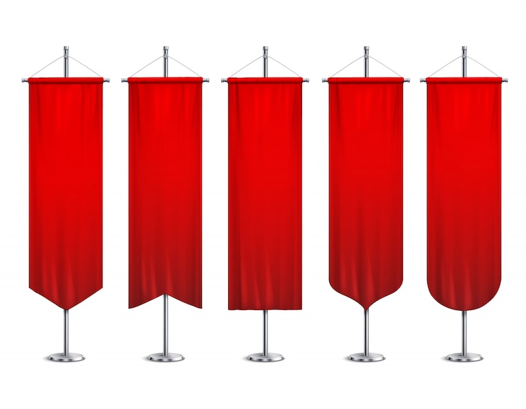 Vetor grátis sinal vermelho longo esporte publicidade galhardetes banners amostras no poste suporte ilustração realista conjunto pedestal