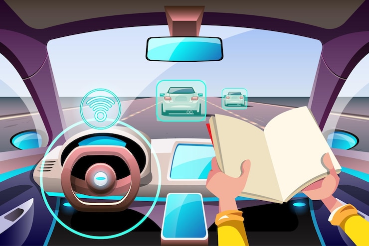Vetor grátis sistema de segurança sem motorista de inteligência artificial com interface hud no cockpit do carro autônomo sistema de assistência ao motorista sem motorista no interior do veículo acc adaptive cruise control