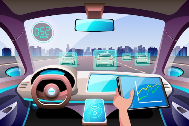 Vetor grátis sistema de segurança sem motorista de inteligência artificial com interface hud no cockpit do carro autônomo sistema de assistência ao motorista sem motorista no interior do veículo acc adaptive cruise control